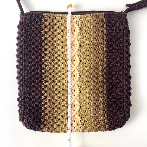 Macrame Crossbody Boho Style Purse Neutral Brown Tan Cream with Adjustable Strap - Picture 13 of 15